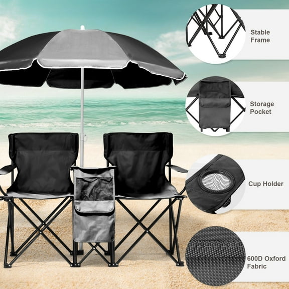 Portable 2-Seat Folding Camp Chair with Canopy Umbrella, Beach Chair with Cup Holders and Cooler, Lightweight Outdoor Backpack Chair with Carrying Bag for Camping, Travel, Beach, Black