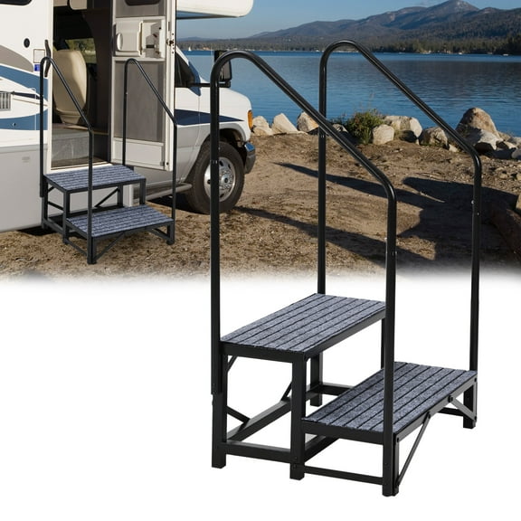 Portable 2-Step RV Stairs with Handrails, RV Steps Ladder with Non-Slip Mats, for Travel Trailers, Campers, Hot Tubs, Porch, Pool, Pets