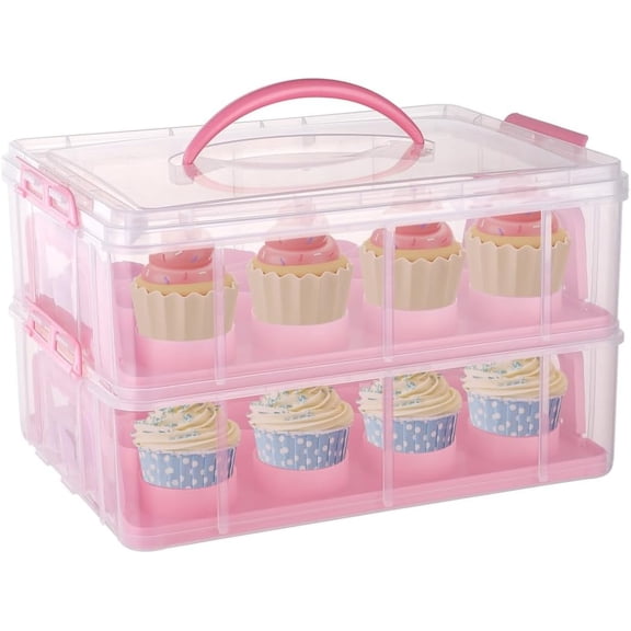 Stackable Cupcake Holder with Handle 2-Tier Storage Container for 24 Cupcakes Clear Plastic Box with Snap Closure