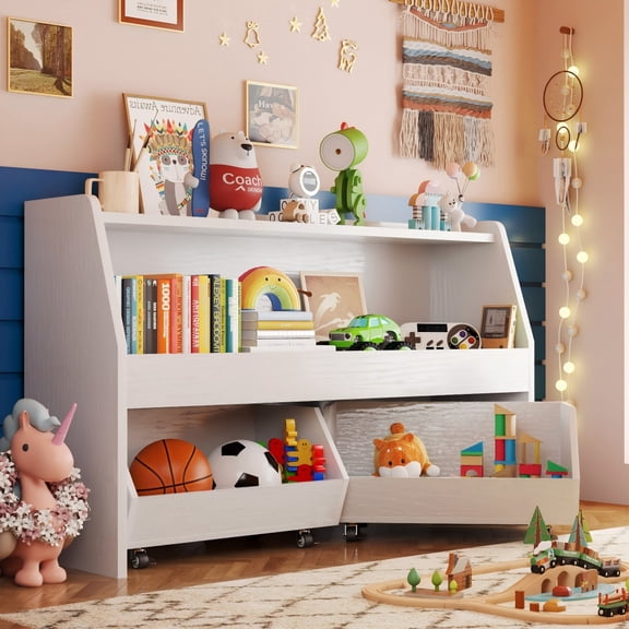 Fowroa 2 Tier Portable Kids Toy Storage Organizer Bookcase with 2 Removable Bins 4 Wheels White