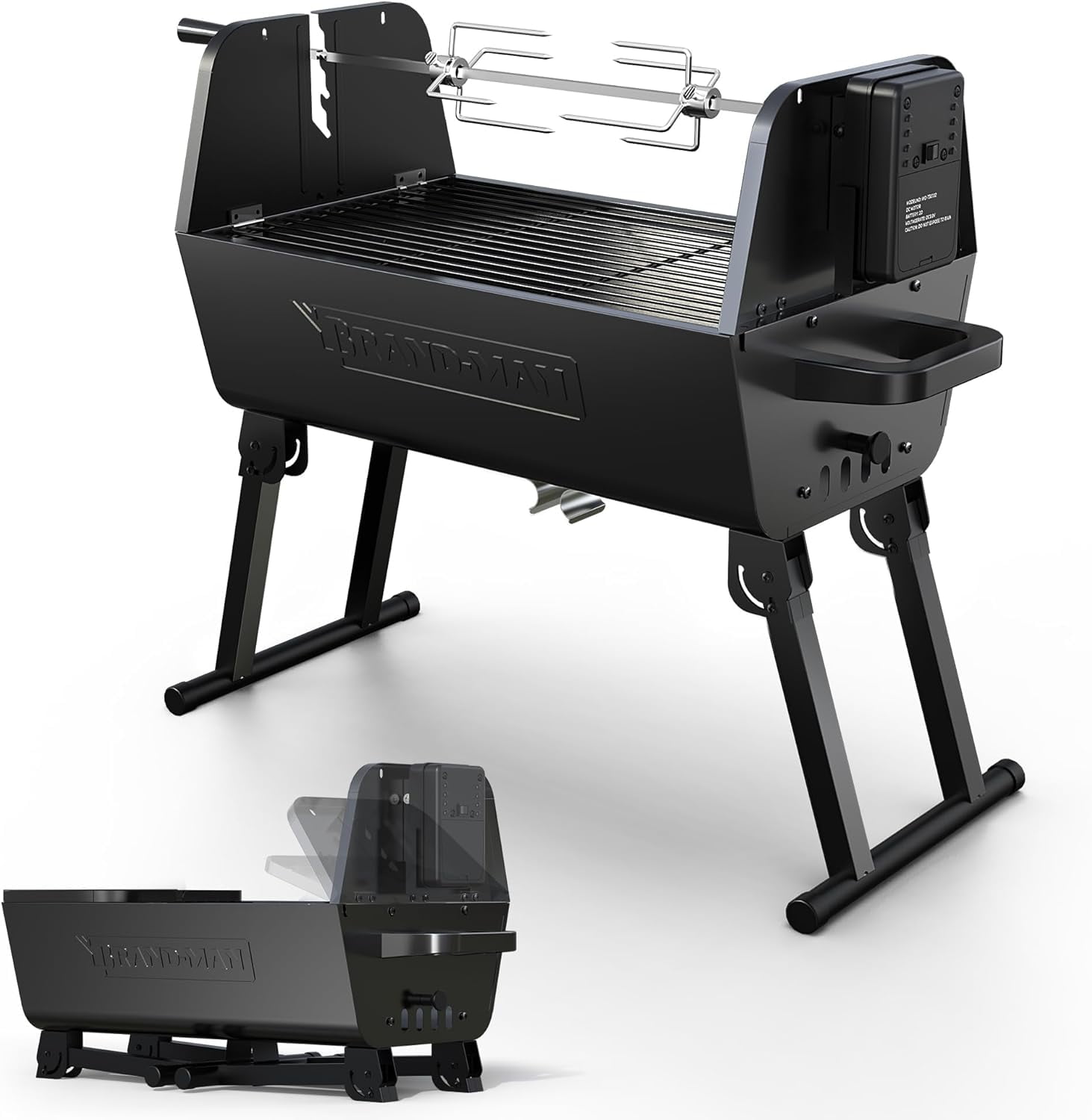 Brand-Man 2-in-1 Charcoal Grill with Rotisserie, Portable Foldable Design, Spit Roaster, Black