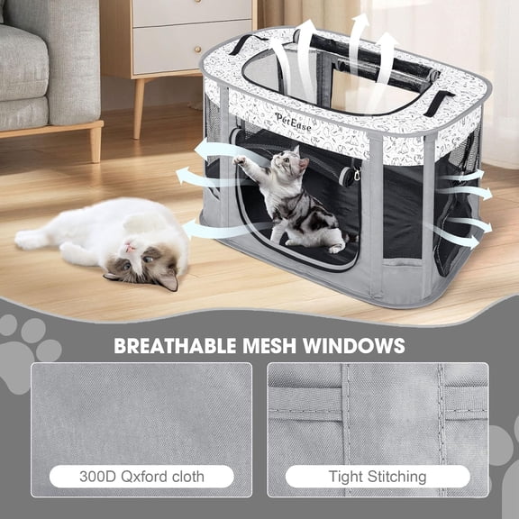 Portable 2-in-1 Dog Crate Playpen, Outdoor Cat Playpen with Litter Box Area for Indoor Cats Enclosed Rabbit Puppy Hamster, Indoor/Outdoor Cats Enclosure Cages Tent(Light Gray)