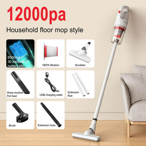 Portable 2-in-1 Stick Vacuum Cleaner - 12000Pa Strong Suction, Wireless Handheld for Home & Car, Lightweight, Reusable Filter, Extendable Rod for Easy Cleaning