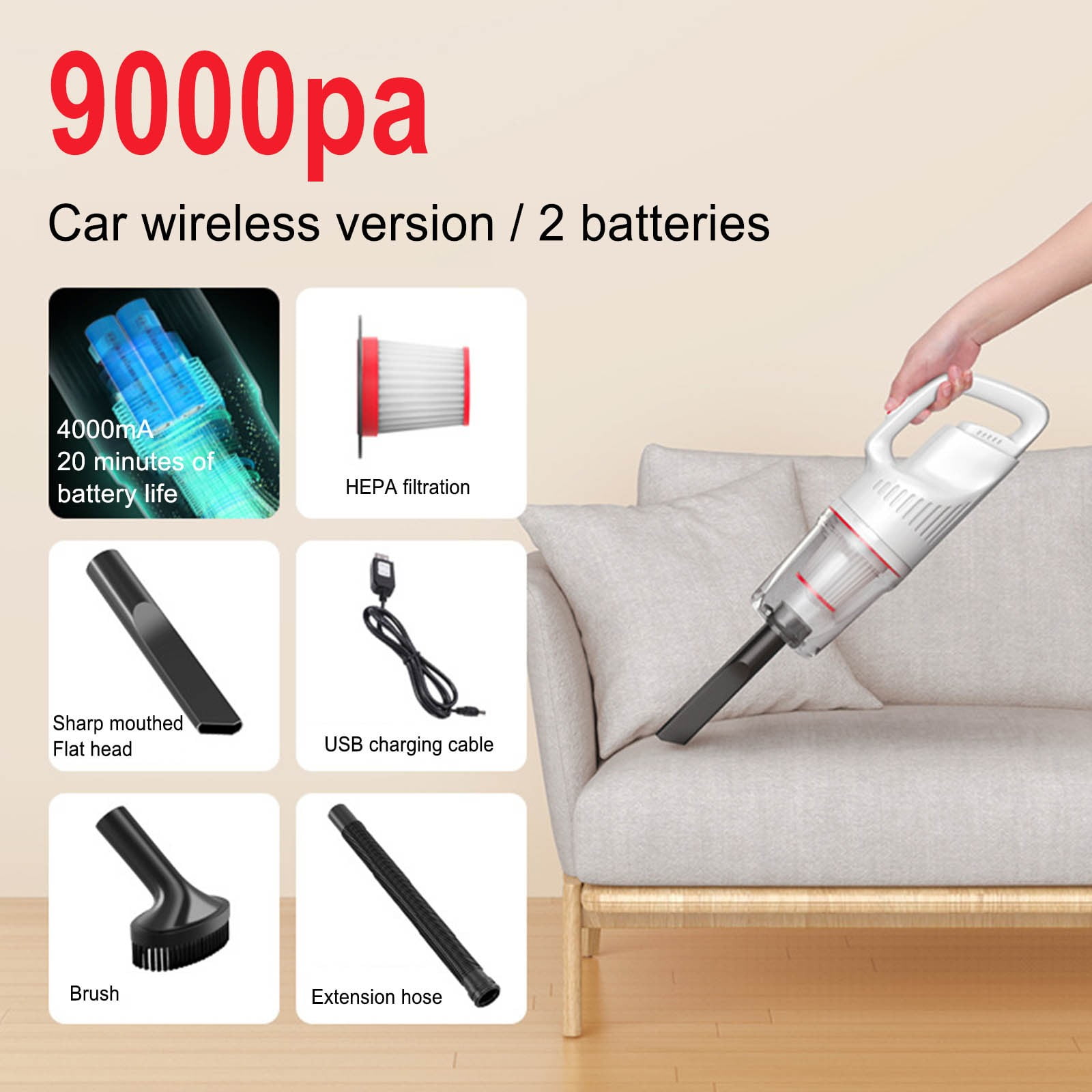 Portable 2-in-1 Stick Vacuum Cleaner - 12000Pa Strong Suction, Wireless Handheld for Home & Car, Lightweight, Reusable Filter, Extendable Rod for Easy Cleaning