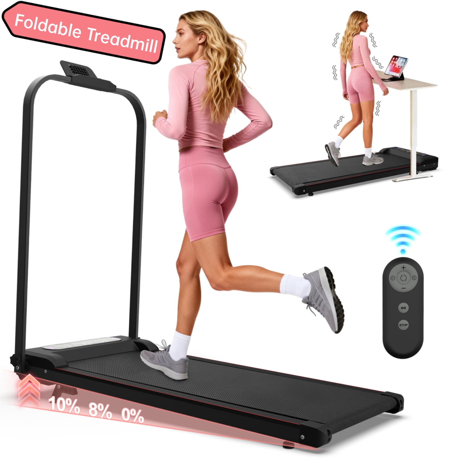 Portable 2-in-1 Under Desk Walking Pad & Treadmill, Foldable with Handle Bar & Incline, 2.0HP Motor, Vibration Function, for Small Spaces