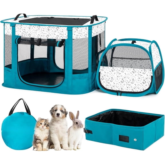 Portable 2-in-1 playpen, Outdoor Playpen with Litter Box Area for Indoor Cats Enclosed Puppy Hamster Indoor/Outdoor Cats Enclosure Cages Tent (Peacock Blue)
