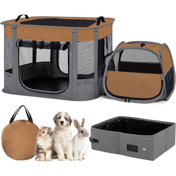 Portable 2-in-1 playpen, Outdoor Playpen with Litter Box Area for Indoor Cats Enclosed Puppy Hamster, Indoor/Outdoor Cats Enclosure Cages Tent Tent (Brown)