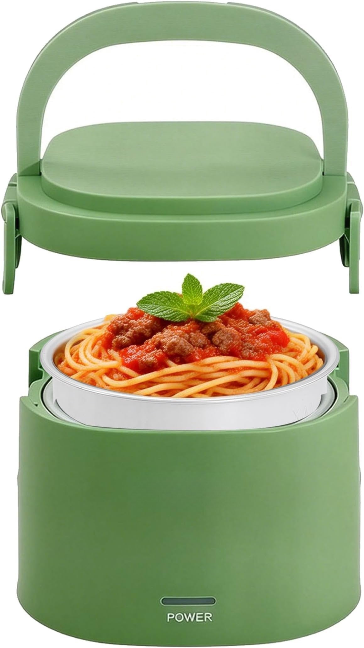 Portable 20-Ounce Electric Heated Lunch Box, 2.5-Cup  Warmer for Travel & Office, Leak-Proof -Sealed Lid, Foldable Handle, Ideal for Soup, Chili & Leftovers, Green