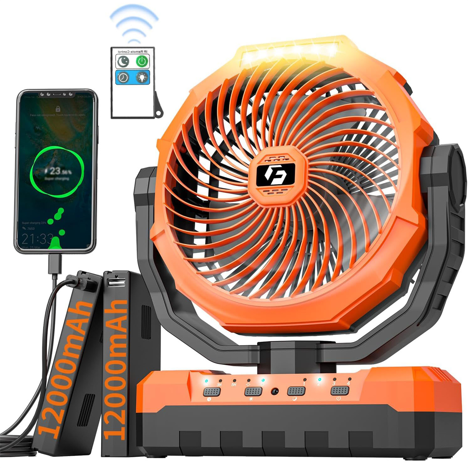 Portable 20000mAh Rechargeable Fan - 9-Inch Camping Fan with Light & Hook for Tent, USB Fan for Picnic, BBQ, Fishing, Travel, Jobsite Orange