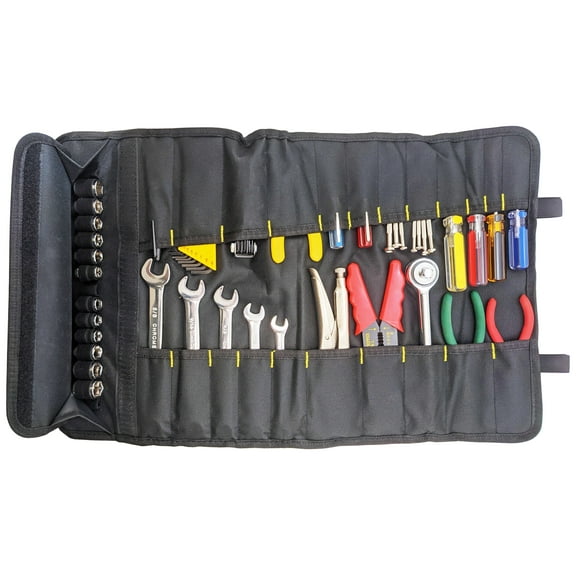 Portable 22 Pocket Tool Holder with 15 Socket Slots, Organizer Rolls into Bag with Handle, Ideal for Travel and On-Site Jobs, Measures 22" x 14" Unrolled