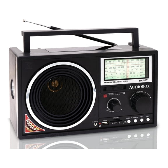 AudioBox RX-5BT Rechargeable Portable 3-Band Radio with Solar Power, Bluetooth, AM, FM, SW, MP3, USB, SD Card, and AUX
