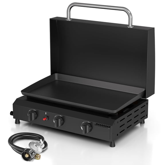 Portable 3 Burner Propane Griddle, 25.6 Inch Stainless Steel BBQ with Hood, 45,000 BTU Fast Heating for Outdoor Family Gatherings, Black