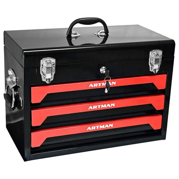 Portable 3 Drawer Tool Box - Metal Tool Box with Drawers for Parts Organizer, General Tool Chest with Metal Closure & Handles for Truck and Cars