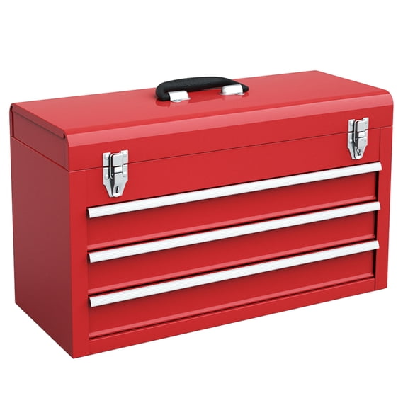 Portable 3 Drawer Tool Cabinet, Mechanic Tool Box with Automatic Lock System, Steel Garage Tool Chest with Top Tray for Workshop  Red