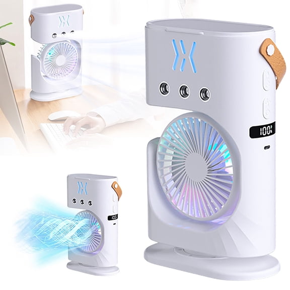 Portable 3-Hole Spray Fan, , 25x14cm, Remote Control, Oscillation, Rechargeable LCD, 3 Speeds, USB, Beige