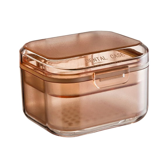 Portable 3 - Layer Denture Box - Durable PC Retainer Cleaner with Filter for Soaking, Cleaning, and Storage - Ideal Travel Container for Mouth Guards and Braces Care,Khaki