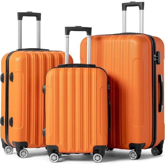 Portable 3-Piece Luggage Set, Hardshell Suitcase Set with Spinner Wheels, Lightweight ABS Travel Suitcases in 20", 24" and 28" Sizes, Orange