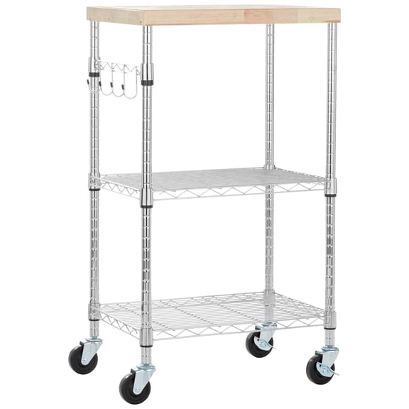 Portable 3-Tier Kitchen Cart on Wheels, Adjustable Metal Storage Rack with Wood Top