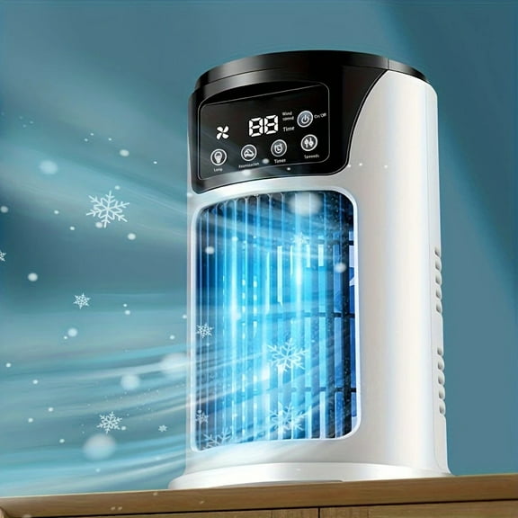 Portable 3-in-1 Air Conditioner Humidifier & Fan USB Cooling Fast Cooling Tech Digital Display Ice Crystal Design White Durable Plastic