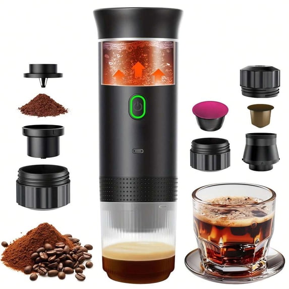Portable 3-in-1 Coffee Maker for Grounds & Capsules, 60ml, Self-Heating, Hot/Cold Brew, Type-C Fast Charge, 2500mAh Battery for 25 Cups, Ideal for Outdoor, Travel & Office