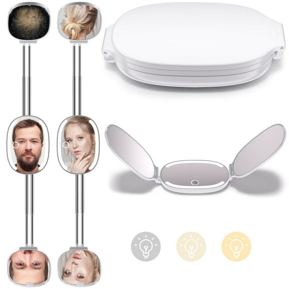 Portable 3 - Way Extendable LED Makeup Mirror: Pocket - Sized, 3 Color Modes, Adjustable Brightness, Handheld, Foldable & Rechargeable