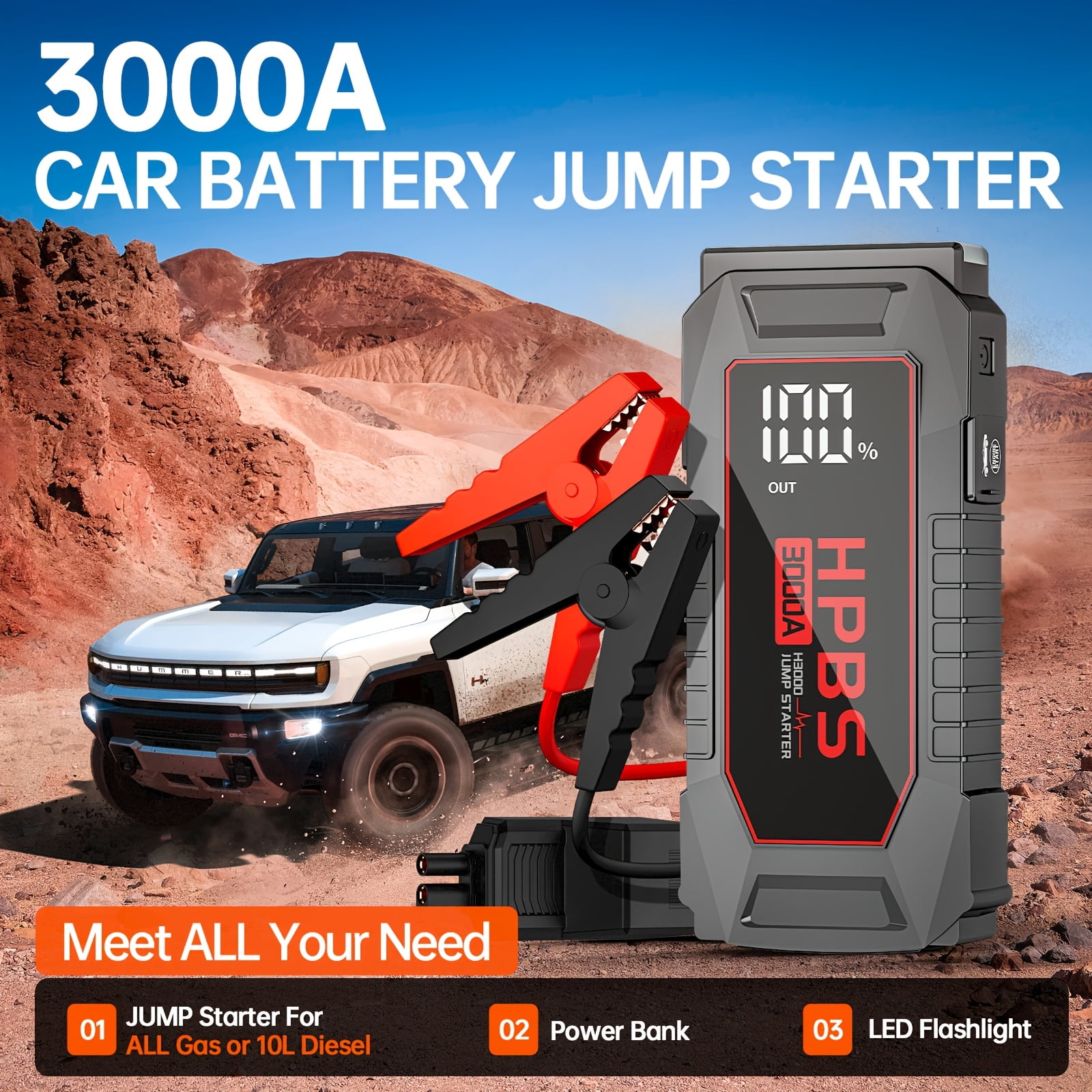 Portable 3000A Peak Car Jump Starter for 12V Dead Batteries, 20000mAh Power Bank with LED Display, Flashlight for Gas/Diesel Engines, Practical Gift