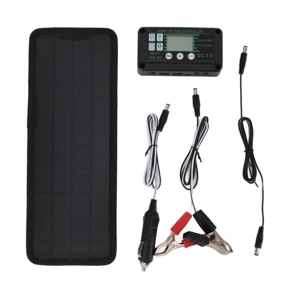 Portable 30W 10A Mono line Solar Panel Charging Kit with Smart Controller and Complete Accessories for Efficient Car, Boat, and for Camping Battery Power Supply, Black