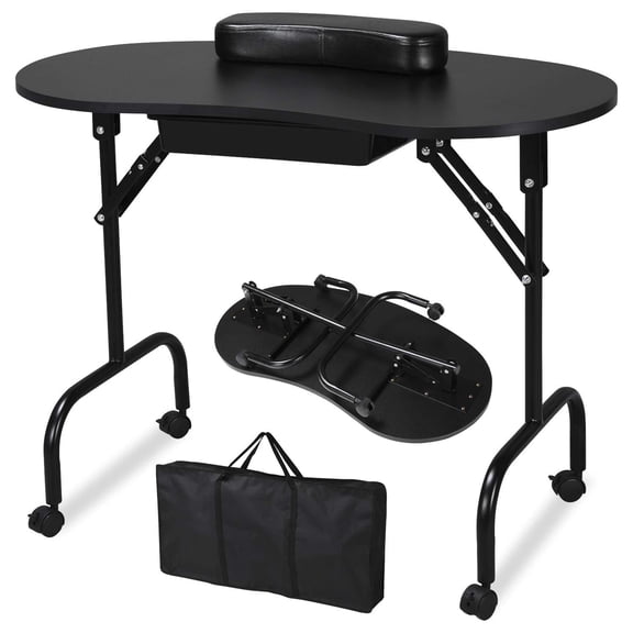 Portable 37-Inch Manicure Table, Foldable Nail Desk Workstation with Large Drawer and Client Wrist Pad, Controllable Wheels Carrying Case for Spa Beauty Salon, Black