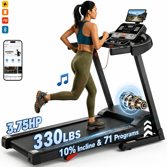 Portable 3.75HP Foldable Treadmill with LED Monitor, Heart Rate Sensor, HIFI Bluetooth Speaker & Cushioned Running Belt
