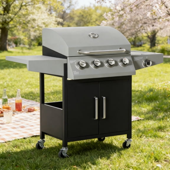 Portable 4-Burner Charcoal Grill Black with Side Burner 10000 BTU Capacity