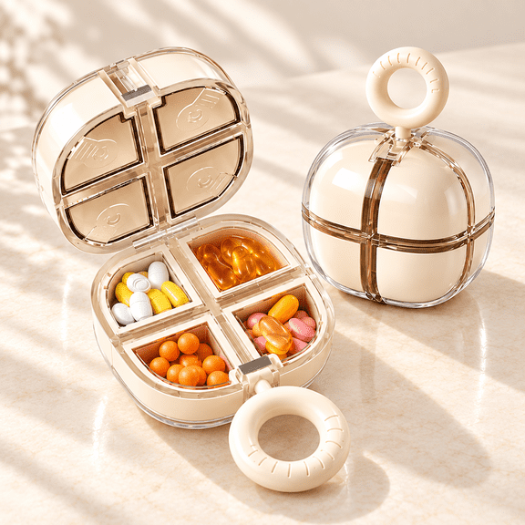 Portable 4-Compartment Pill Organizer with Ring Handle, Compact Travel Medicine Case, Cream White