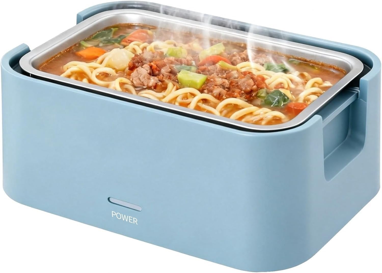 Portable 4 Cup Electric Heated Lunch Box, 33oz  Warmer for Work& Travel, Leak-Proof  Lid, Foldable Carry Handle, Removable Stainless-Steel Container & Detachable Power Cord, Blue