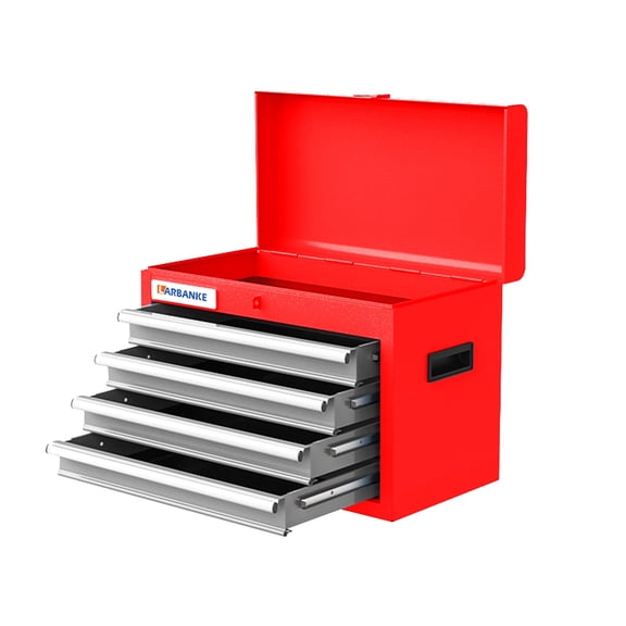 Portable 4-Drawer Metal Tool Box with Top Tray & Lock, Ball Bearing Slides Steel Tool Chest for Garage Home Workshop Red
