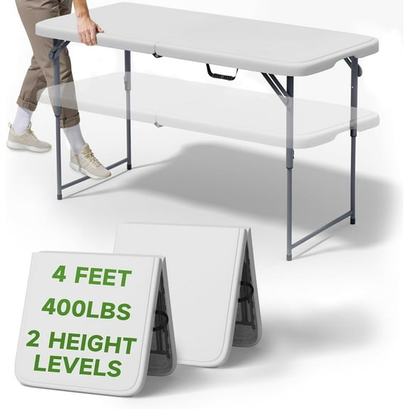Portable 4-Foot Folding Table 2-Position Adjustable Height, 400 lbs Capacity, for Camping & Parties (2-Pack)