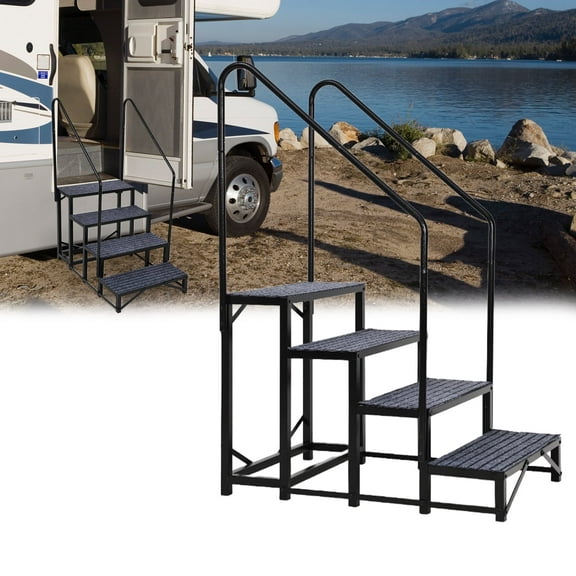 Garvee Portable 4-Step RV Stairs with Handrails in Black, Non-Slip Step Ladder for Travel Trailers, Campers, Hot Tubs and Poolside Use