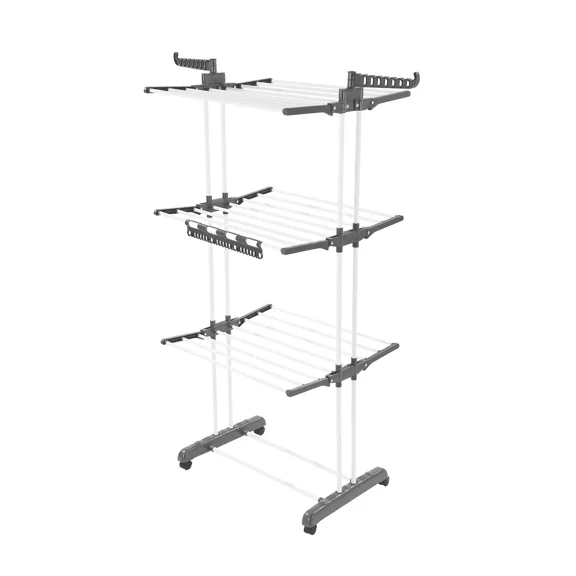 Portable 4-Tier Clothes Drying Rack-Foldable Metal Laundry Dryer with 24 Rods,Free-Standing,4 Wheels,and Side Wings for Indoor and Outdoor Use