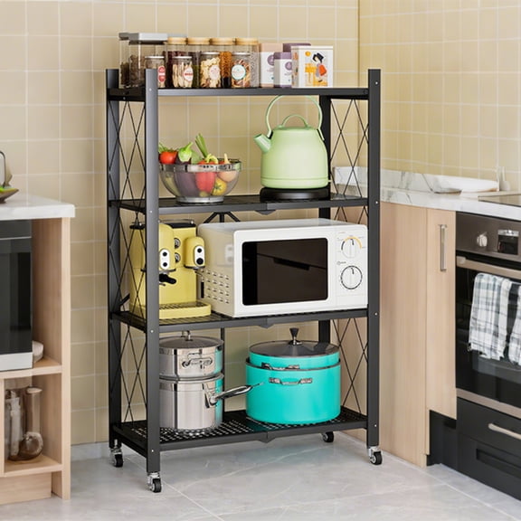 Portable 4-Tier Folding Storage Rack with Lockable Wheels, No-Tool Setup Metal Organizer Shelf for Kitchen, Garage, Pantry, Laundry Room, Craft Shows and Market Booths, Black