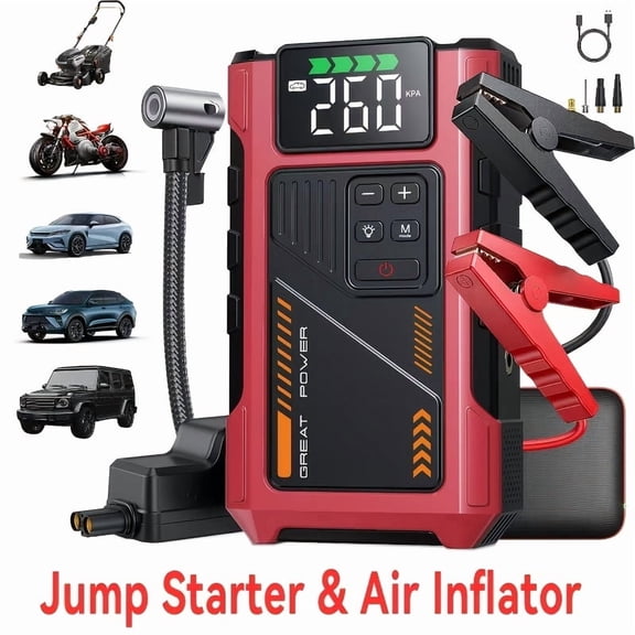 Portable 4000A Peak Car Jump Starter with 150PSI Air Compressor, 12V Battery Charger, 5-in-1 Power Pack for Gas & Diesel Engines