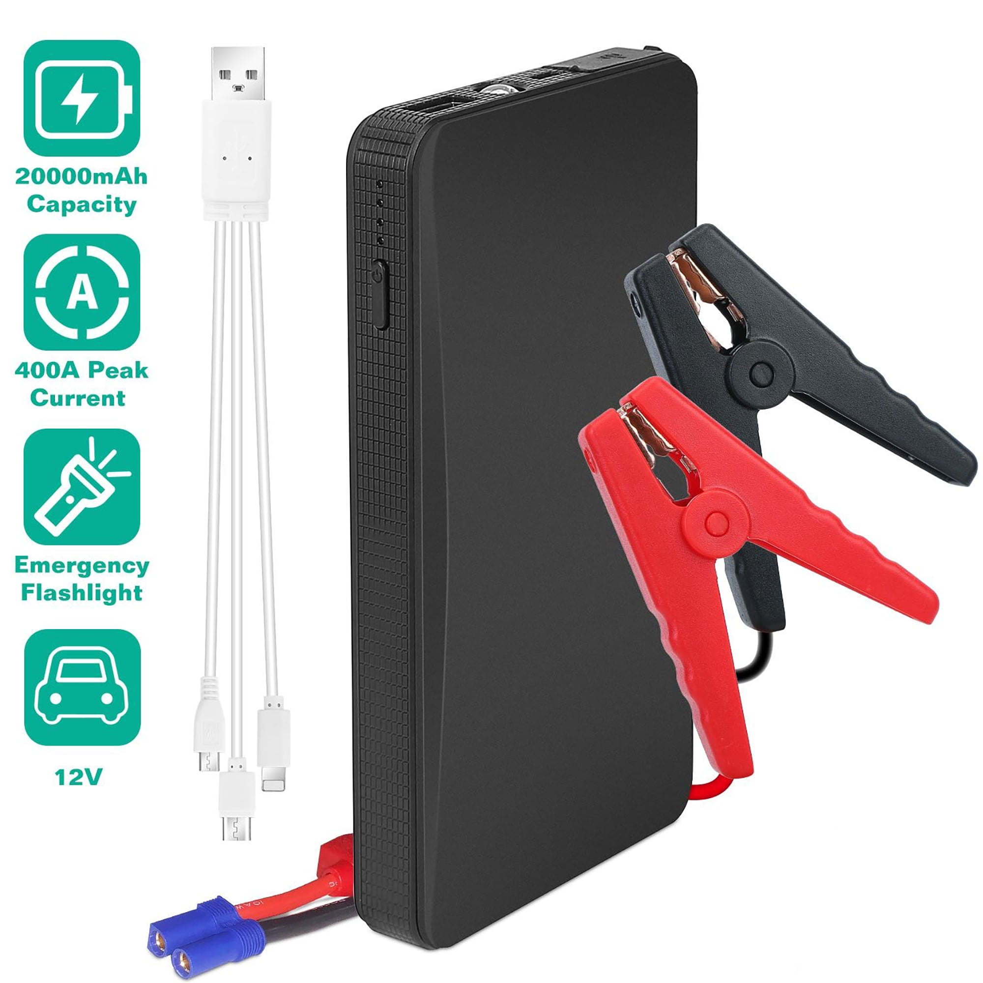 Portable 400A Jump Starter 20000mAh with Flashlight & USB Power Bank