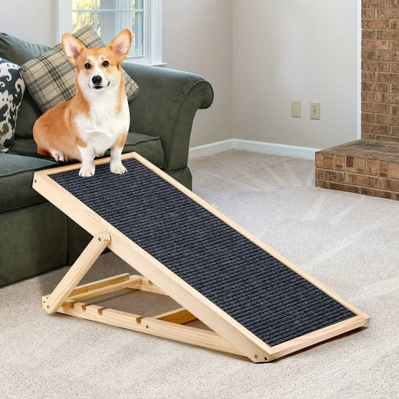Portable 42 Inches Lightweight Wooden Adjustable Dog And  Ramp, Upgraded Folding Pet Ramp for Small And Elderly Animals, Height From 14 Inches to 26 Inches, Dog Car Ramp for SUVs, Beds And Sofas