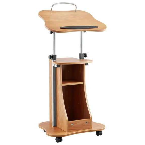 Portable 43 Inch Wooden Lectern Podium Stand with Lockable Wheels Adjustable Height and Angle Wide Reading Surface Open Storage for Speeches Lectures Presentations