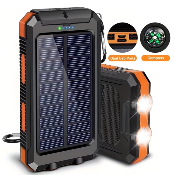 Portable 49800mAh Solar Power Bank for Camping, Dual USB Ports, LED Flashlight & Compass, Orange