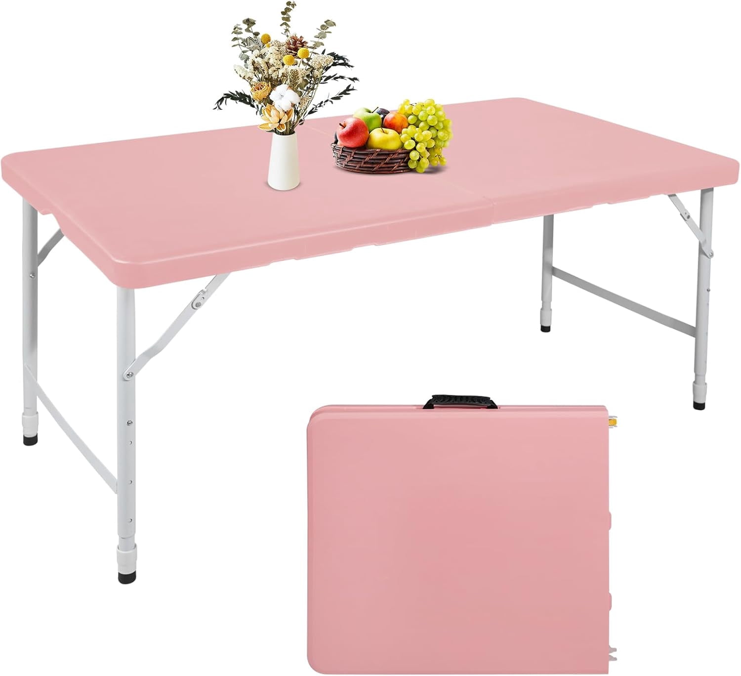 HOUSNIFLEX 4FT Folding Camping Table Adjustable Height 23 29in Heavy Duty Portable Table Waterproof HDPE Fold in Half for Picnic Indoor White