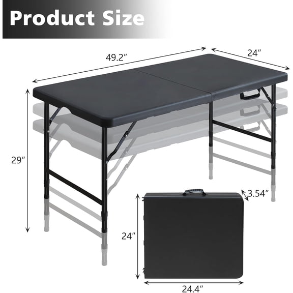 Portable 4Ft Adjustable Height Plastic Folding Table, Heavy Duty Fold-in-Half Table with Carrying Handle, Small Utility Foldable Table for Picnic Party Camping BBQ, Indoor/Outdoor(Black)