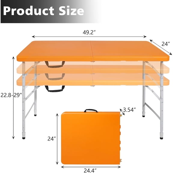 Portable 4Ft Folding Table, Heavy Duty Plastic Fold-in-Half Utility Foldable Table Small, Adjustable Height Plastic Folding Table with Carrying Handle for Camping & Party Indoor/Outdoor(Orange)