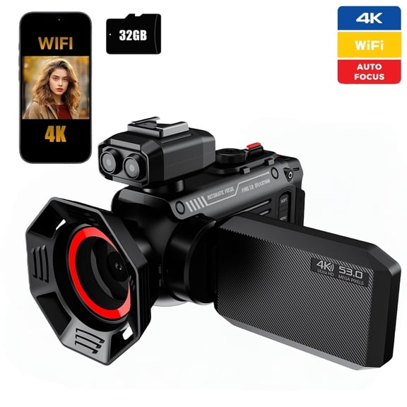 Portable 4K Camcorder with 2500mAh Battery & 32GB SD Card - Full HD / Video Recording, Digital Stabilization, Auto Focus, Hot Shoe Mount&Wi-Fi for Vlogging, YouTube, Streaming-for smartphonestablets