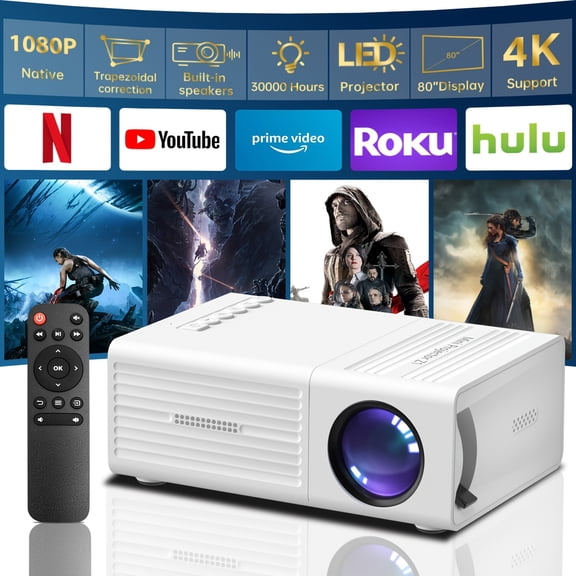 Portable 4K Supported Home Theater Projector, 1080P Native Resolution, USB & Remote, for Movies, Office, and Outdoor Camping