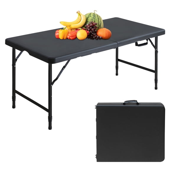 Portable 4ft Adjustable Height Plastic Folding Table - Heavy Duty Fold-in-Half Table with Carrying Handle - Utility Table for Picnic, Party (black)