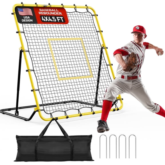 Portable 4x4.5FT Baseball & Softball Rebounder Net with 7 Adjustable Angles for Fly Balls, Grounders, and Line Drives Includes Carry Bag, Ideal for All Players