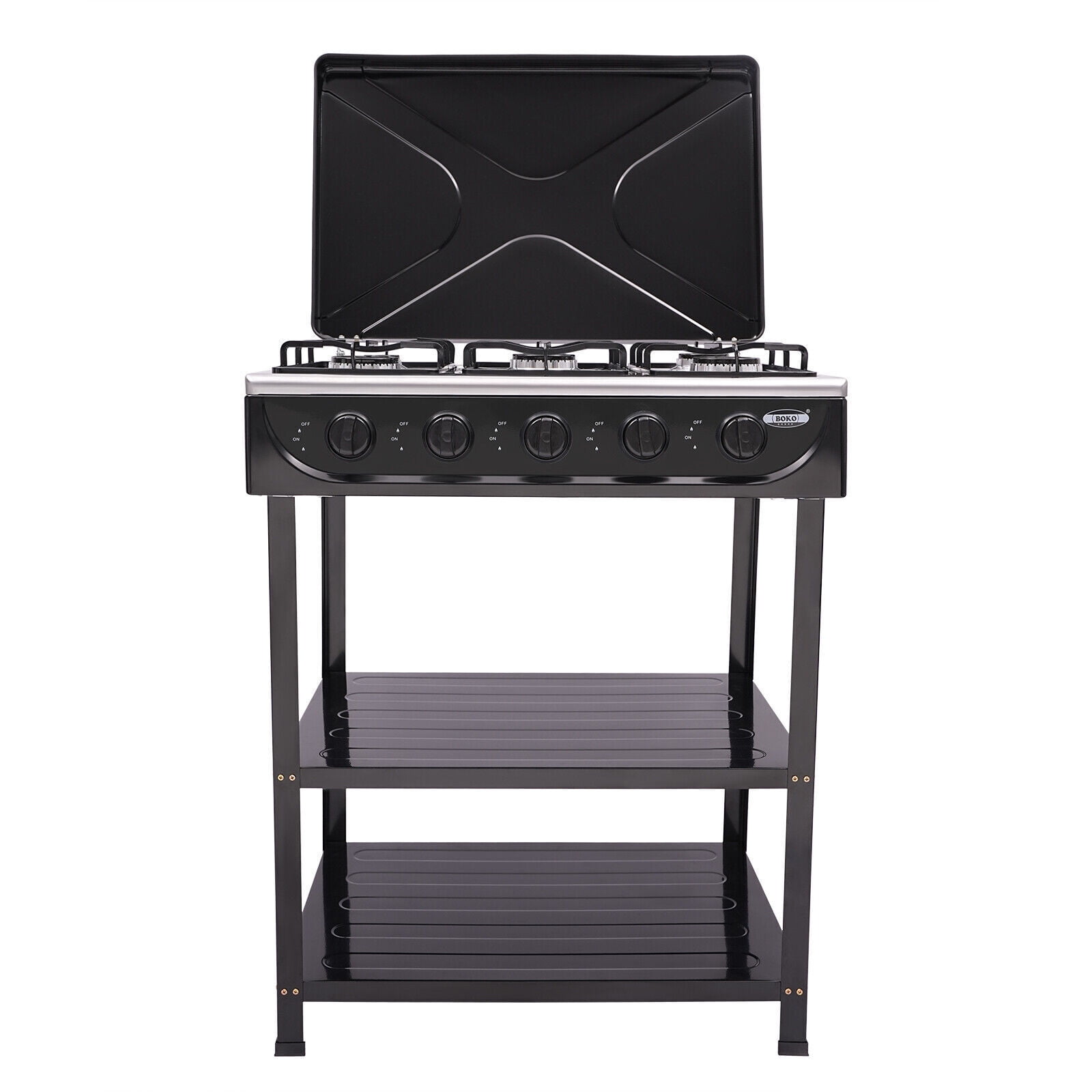 Portable 5-Burner Gas Stove for Outdoor Cooking - Camping BBQ Grill with 2-Tier Storage Rack - Ideal for Picnics, Tailgates & Backyard Grilling